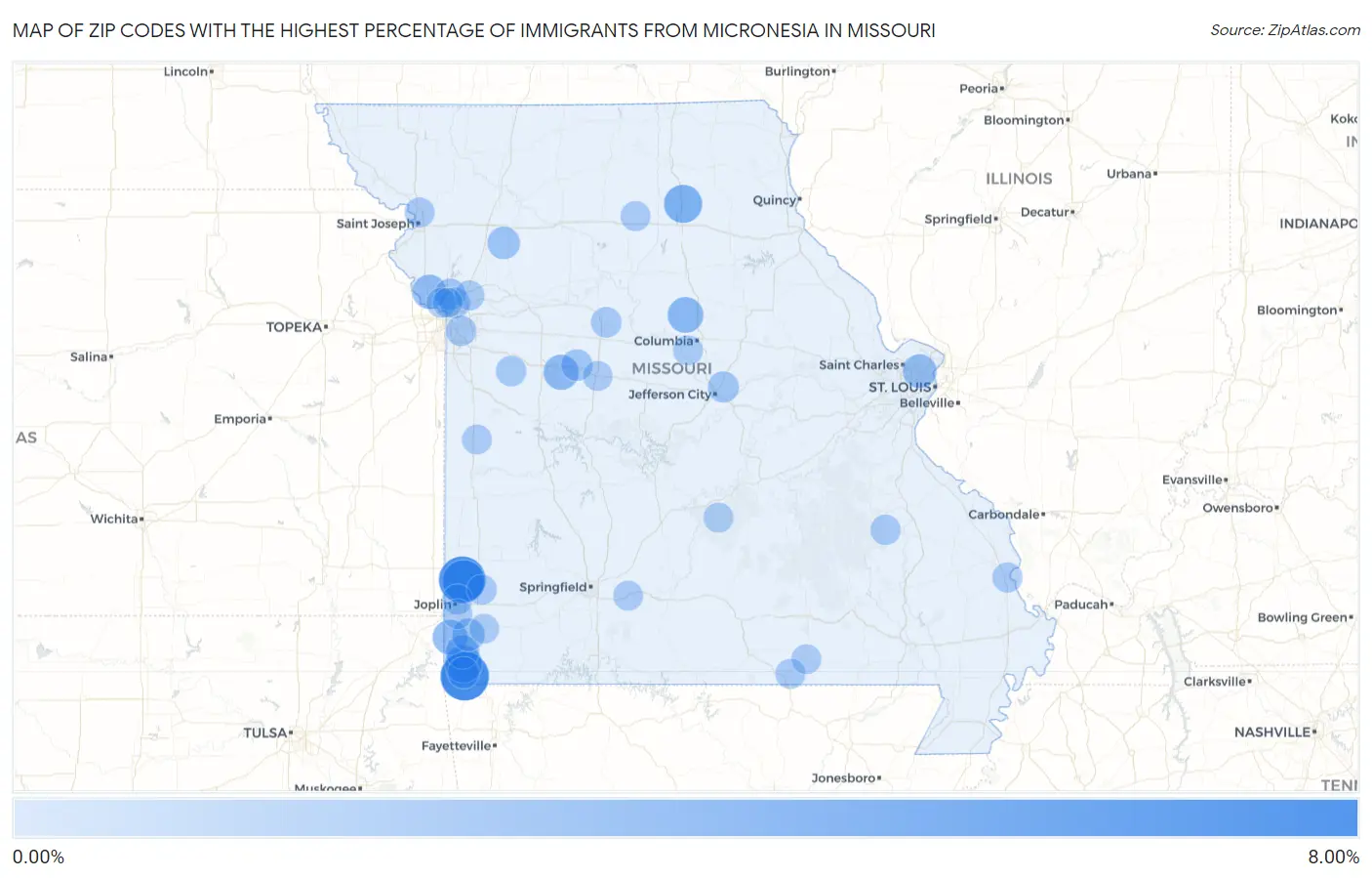 Zip Codes with the Highest Percentage of Immigrants from Micronesia in Missouri Map
