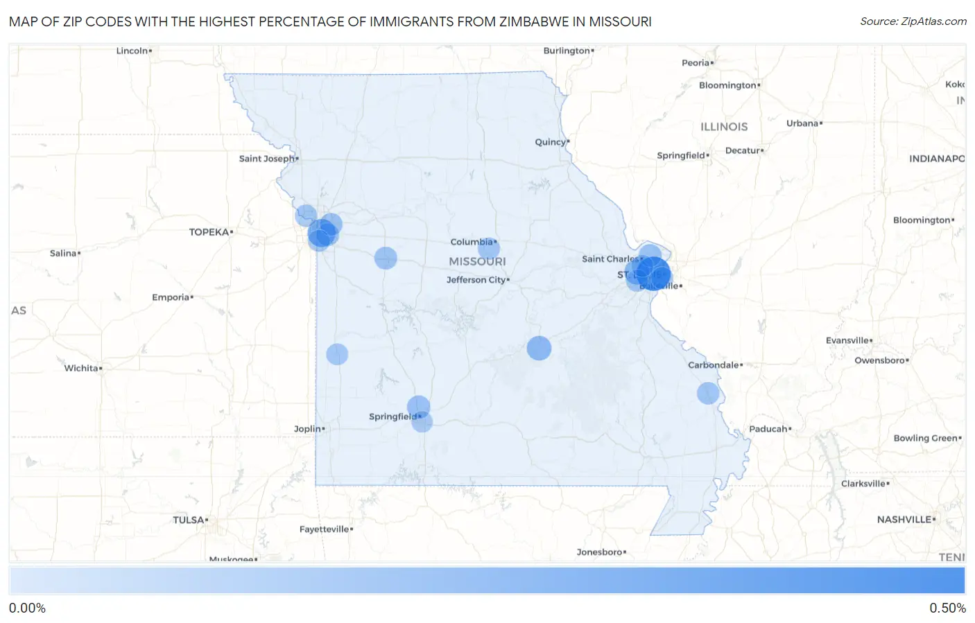 Zip Codes with the Highest Percentage of Immigrants from Zimbabwe in Missouri Map