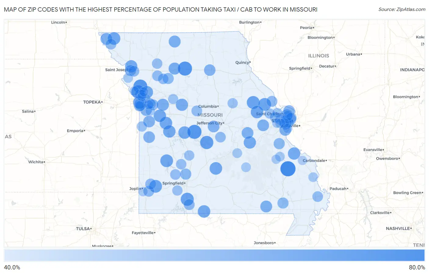 Zip Codes with the Highest Percentage of Population Taking Taxi / Cab to Work in Missouri Map