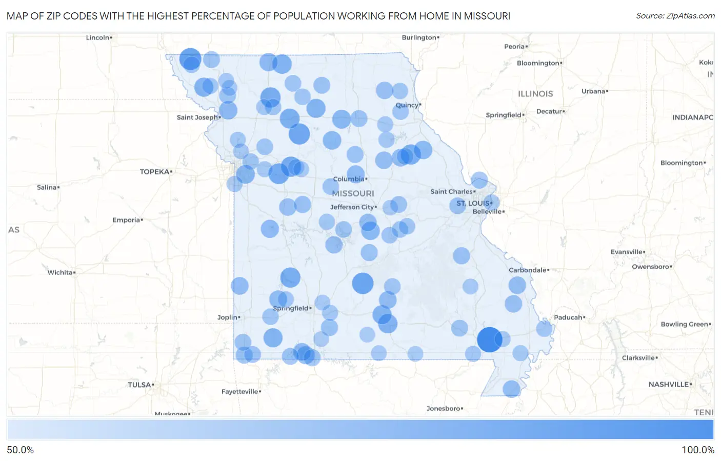 Zip Codes with the Highest Percentage of Population Working from Home in Missouri Map