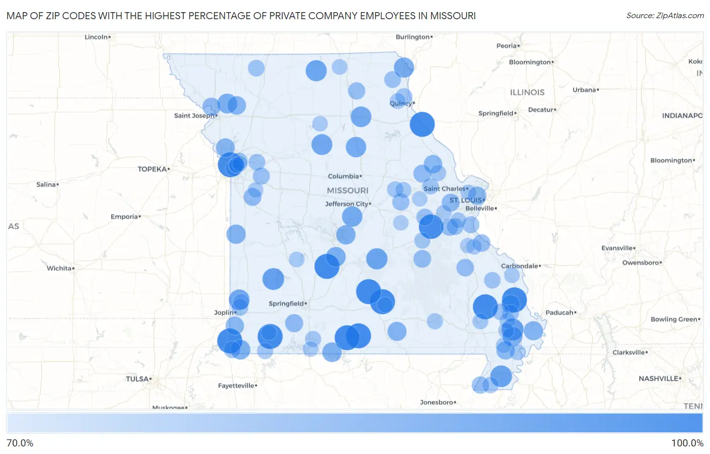 Zip Codes with the Highest Percentage of Private Company Employees in Missouri Map