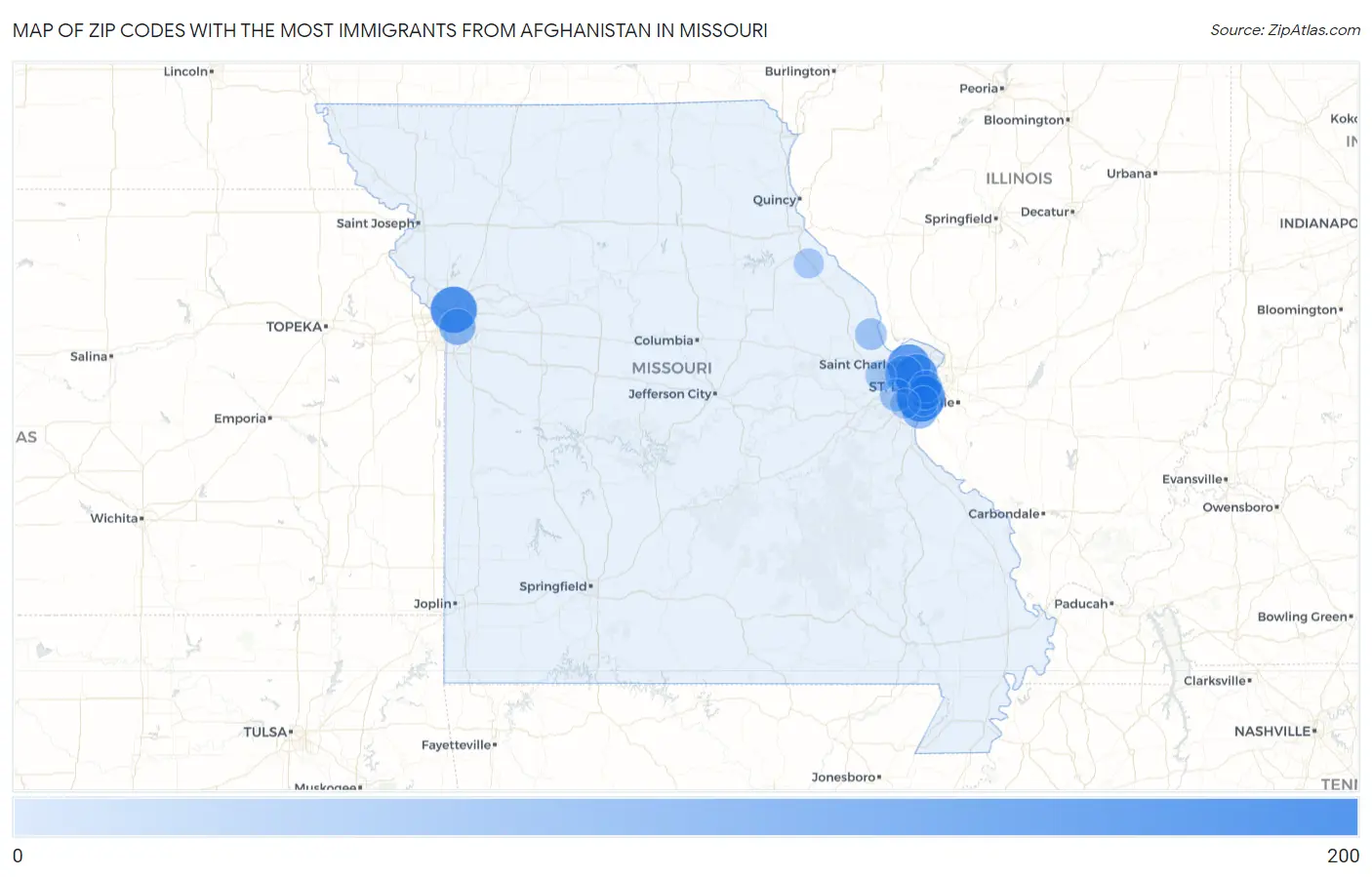 Zip Codes with the Most Immigrants from Afghanistan in Missouri Map