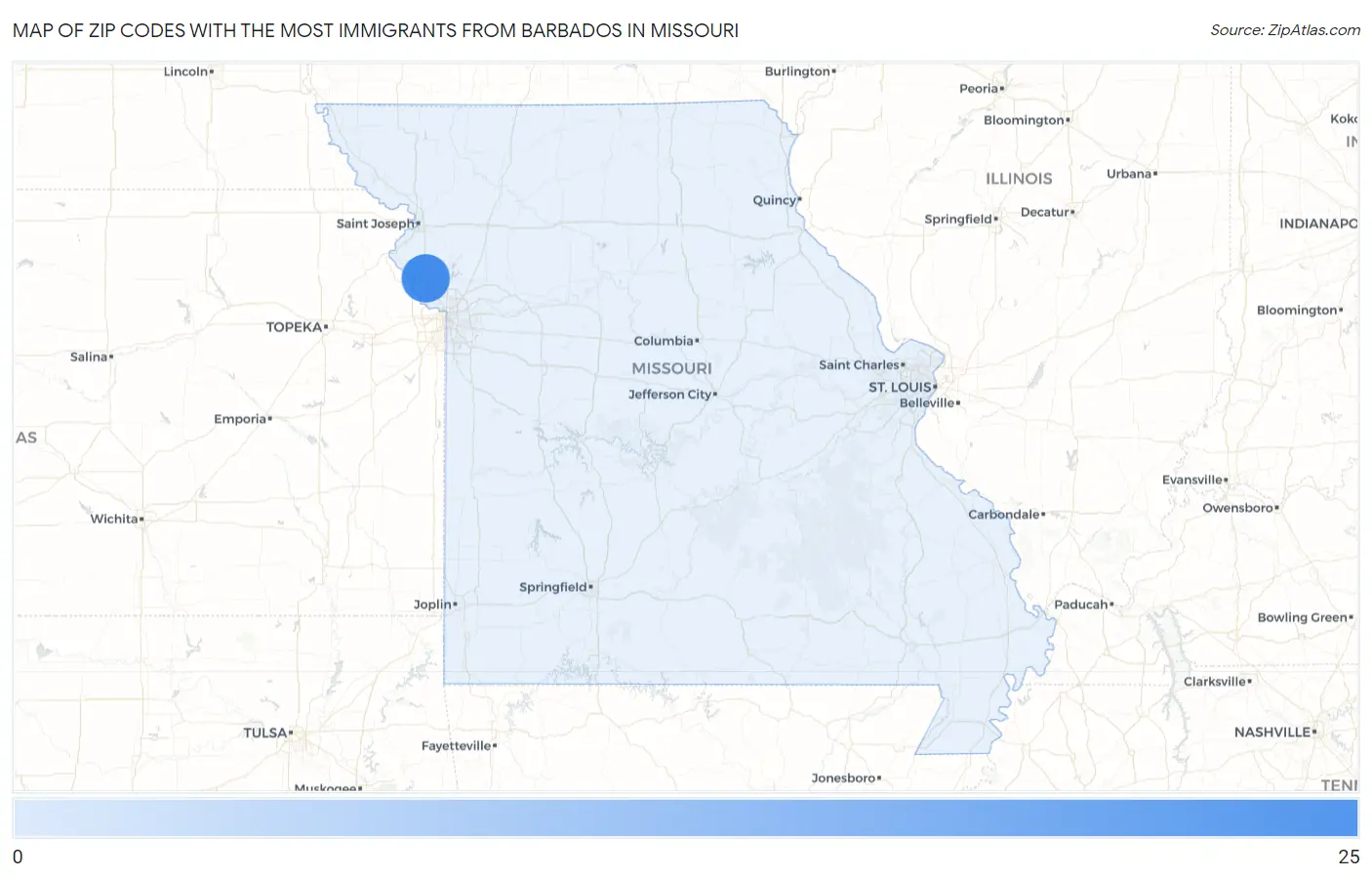 Zip Codes with the Most Immigrants from Barbados in Missouri Map