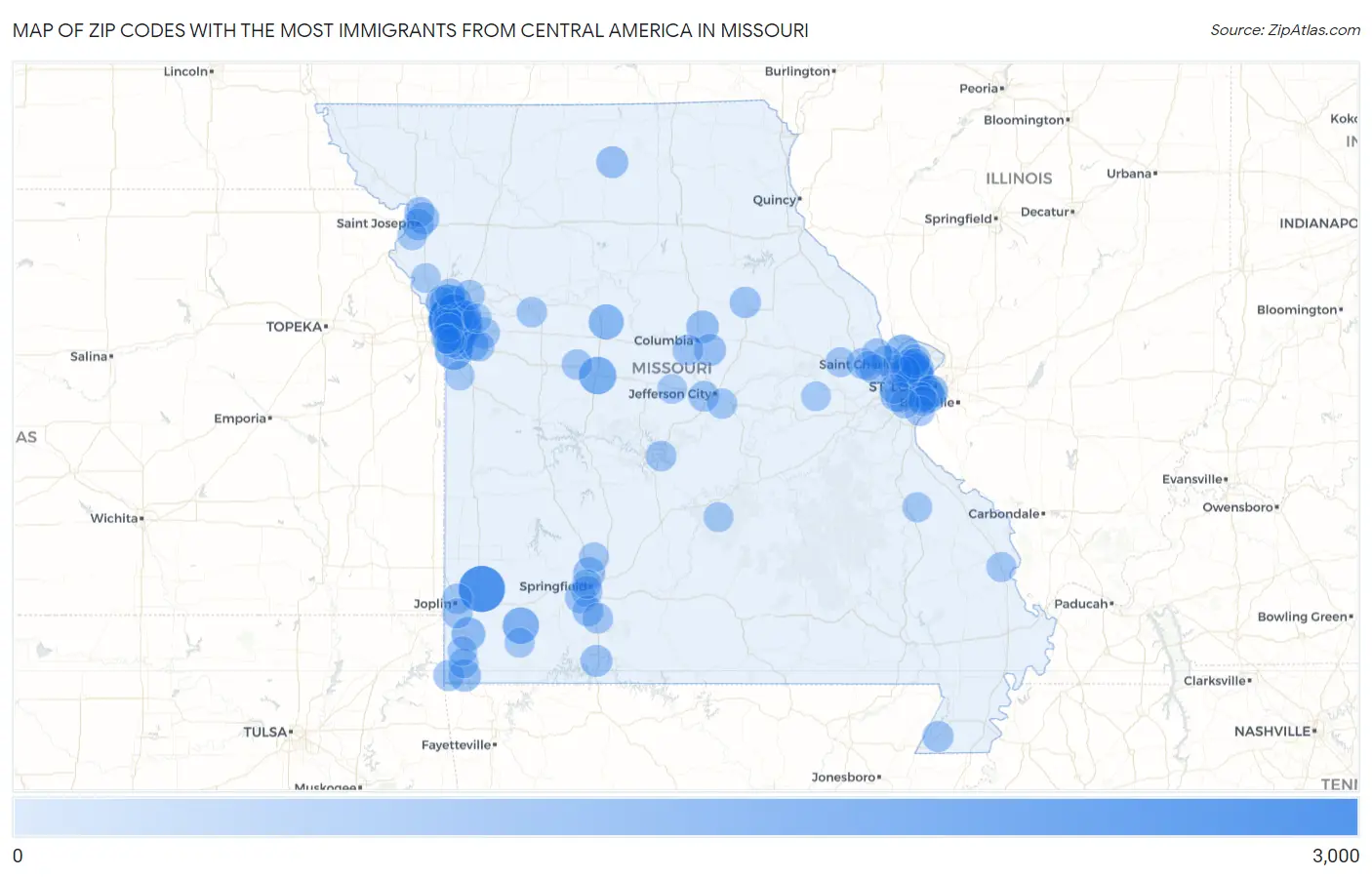 Zip Codes with the Most Immigrants from Central America in Missouri Map