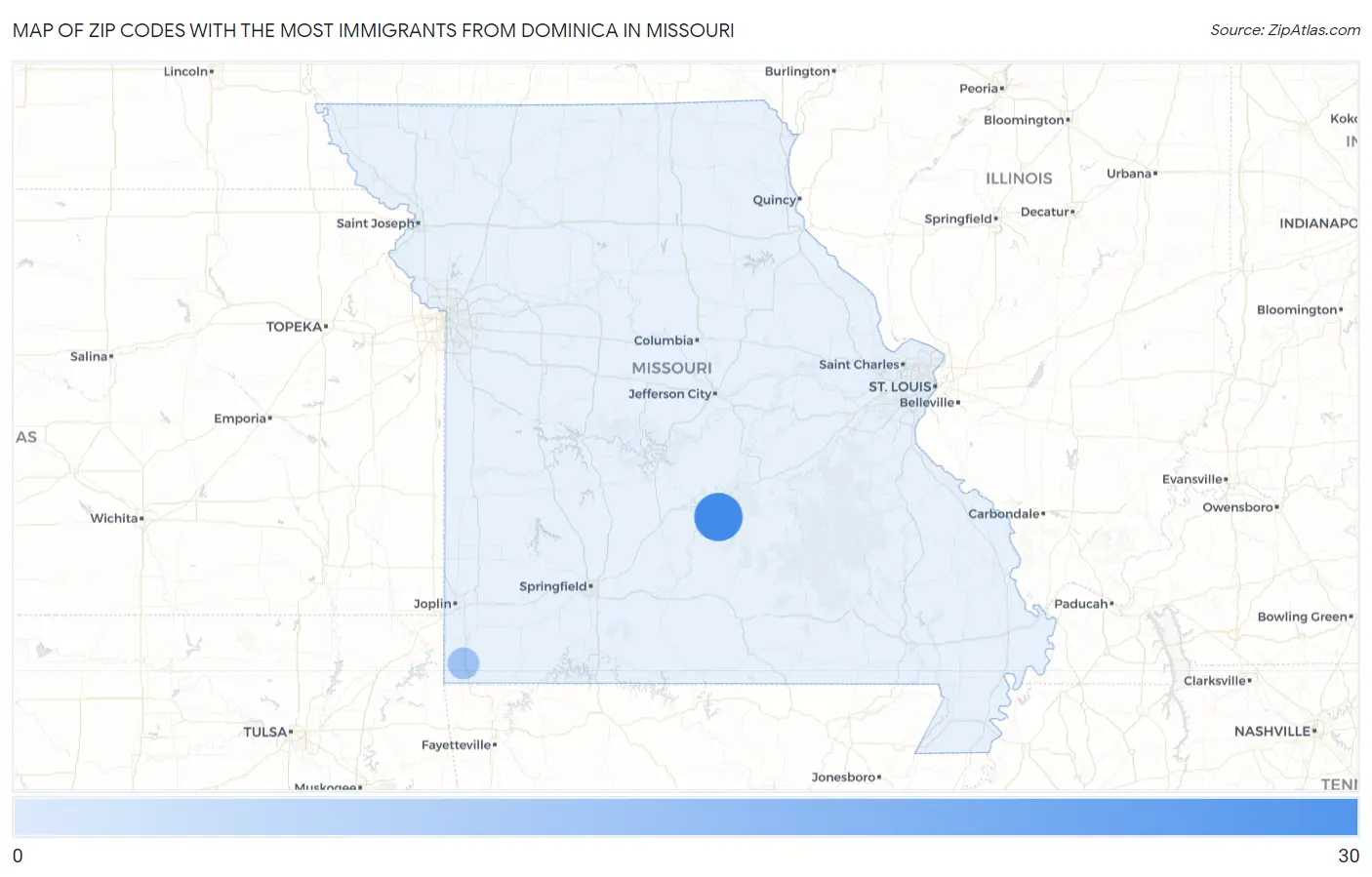 Zip Codes with the Most Immigrants from Dominica in Missouri Map