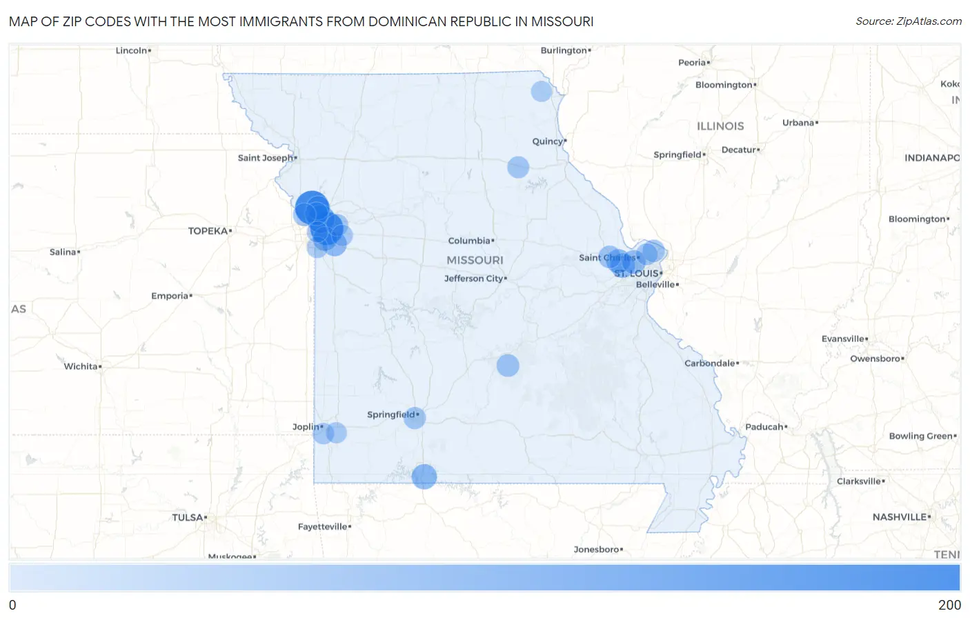 Zip Codes with the Most Immigrants from Dominican Republic in Missouri Map