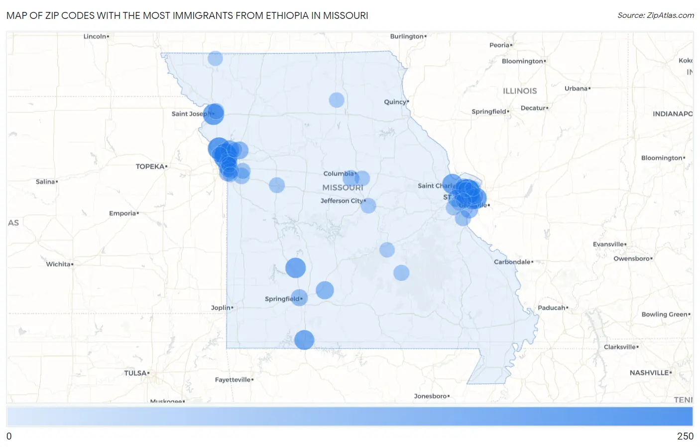 Zip Codes with the Most Immigrants from Ethiopia in Missouri Map