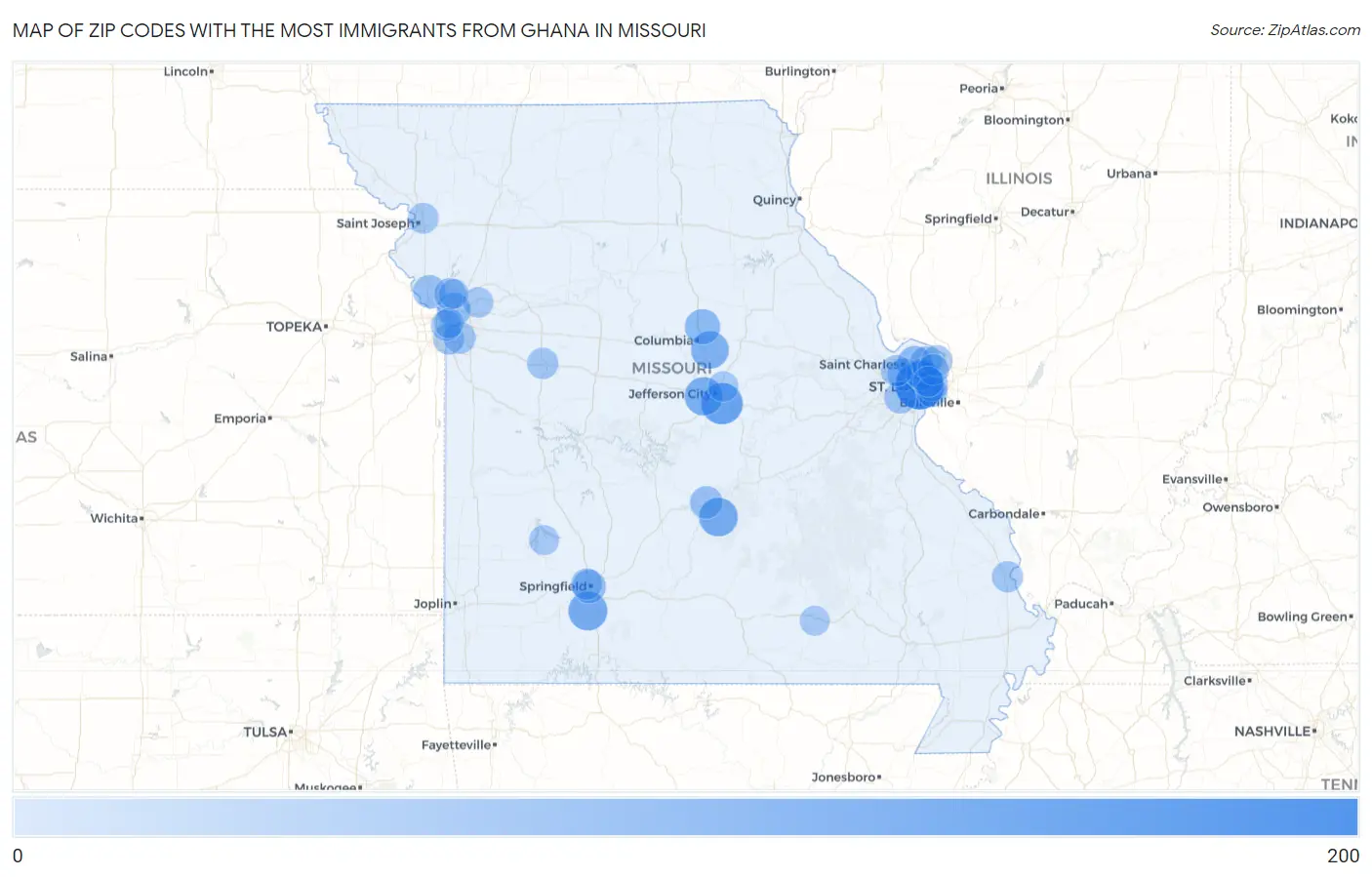 Zip Codes with the Most Immigrants from Ghana in Missouri Map