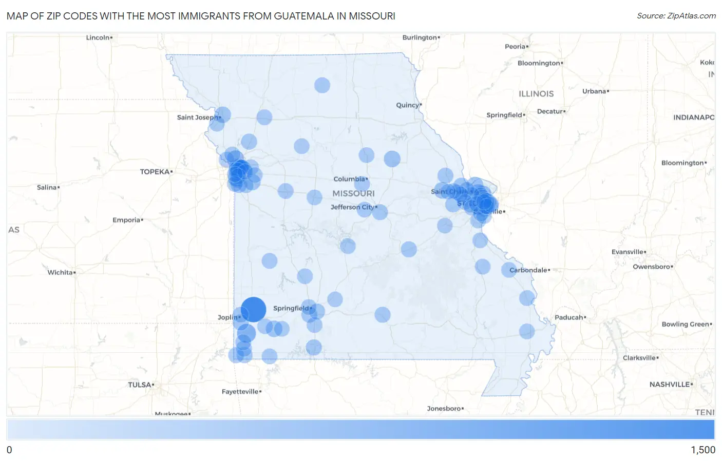 Zip Codes with the Most Immigrants from Guatemala in Missouri Map