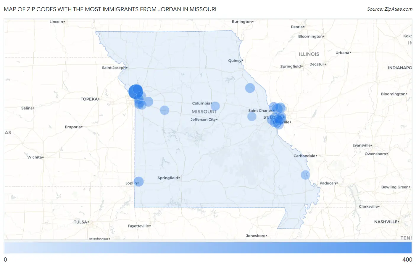 Zip Codes with the Most Immigrants from Jordan in Missouri Map