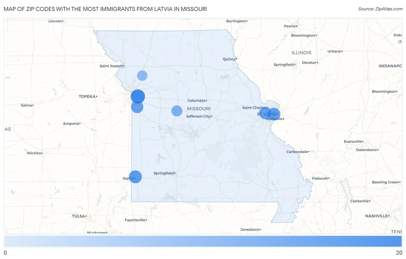 Zip Codes with the Most Immigrants from Latvia in Missouri Map