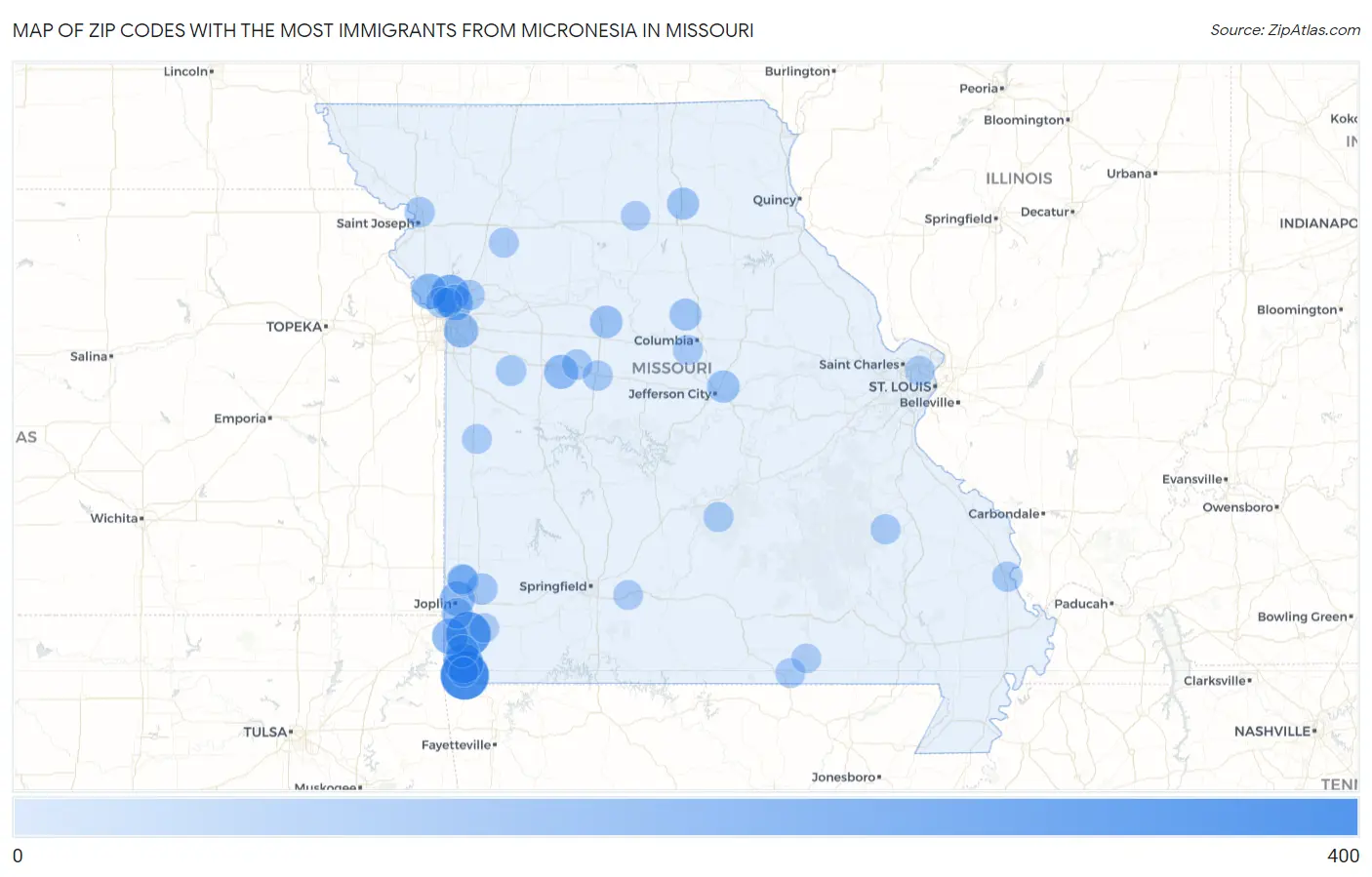 Zip Codes with the Most Immigrants from Micronesia in Missouri Map