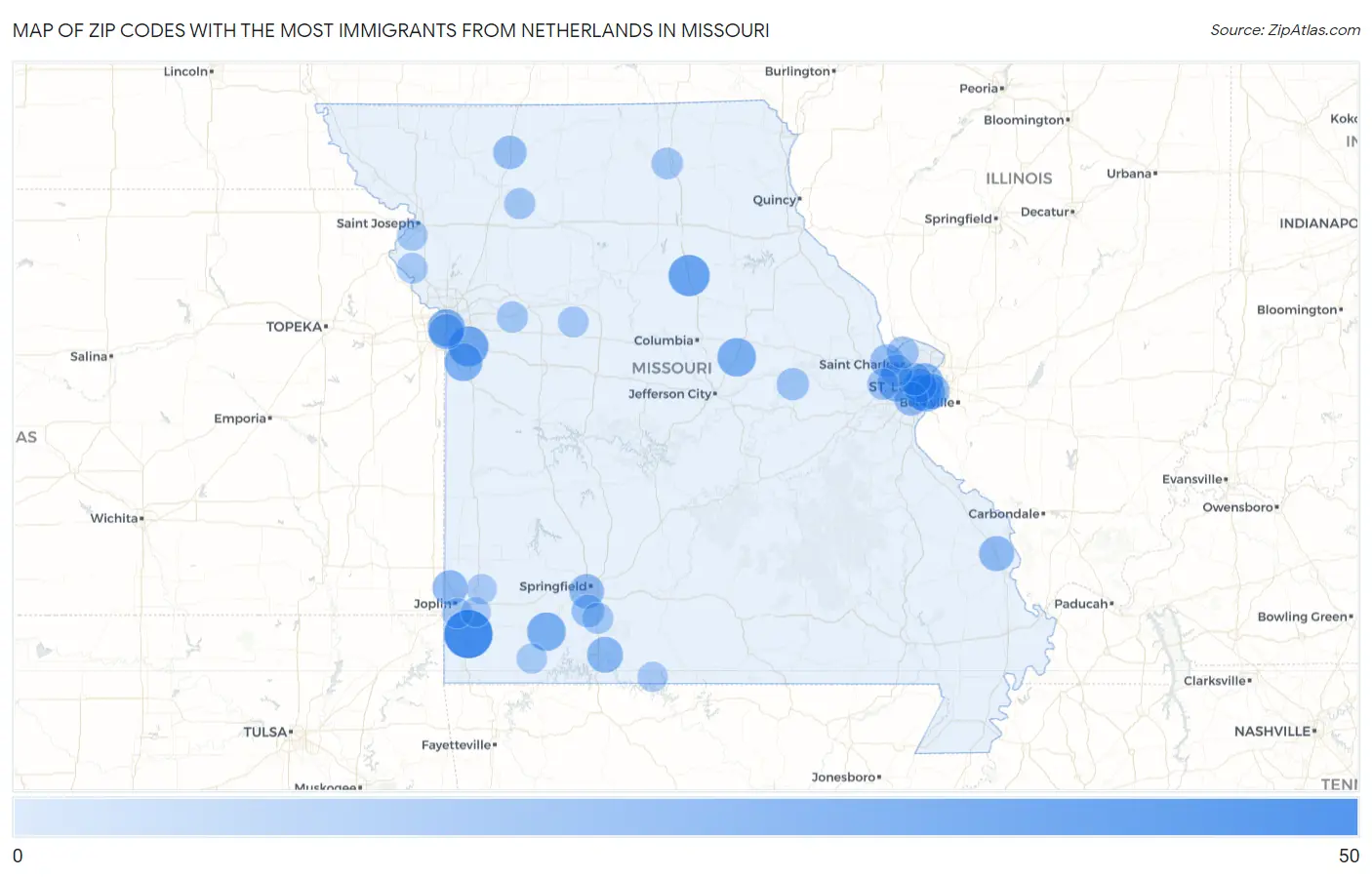 Zip Codes with the Most Immigrants from Netherlands in Missouri Map
