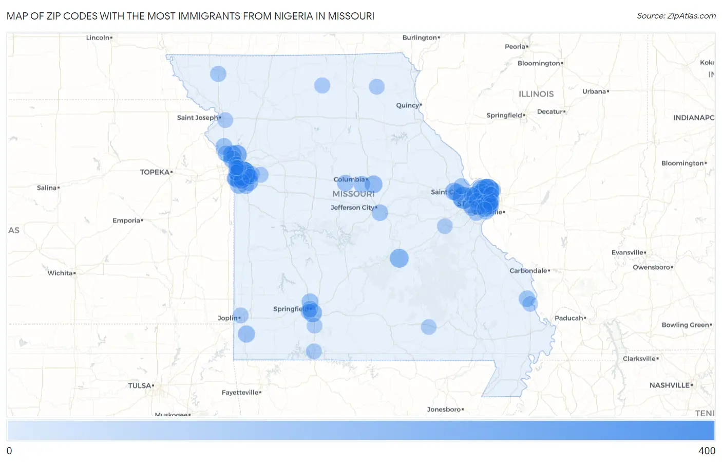 Zip Codes with the Most Immigrants from Nigeria in Missouri Map