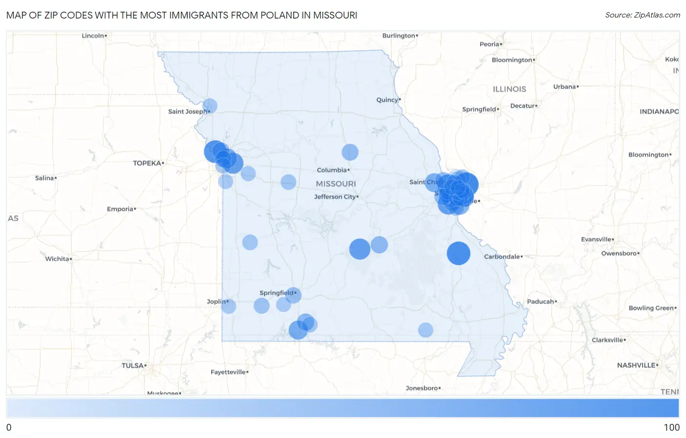 Zip Codes with the Most Immigrants from Poland in Missouri Map