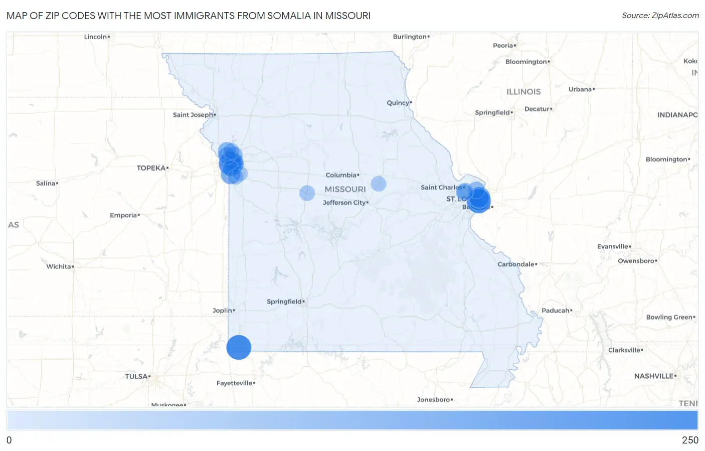 Zip Codes with the Most Immigrants from Somalia in Missouri Map