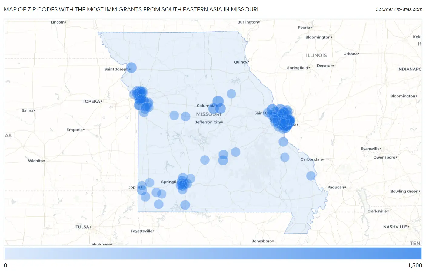 Zip Codes with the Most Immigrants from South Eastern Asia in Missouri Map