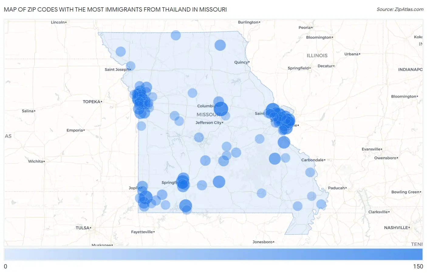 Zip Codes with the Most Immigrants from Thailand in Missouri Map