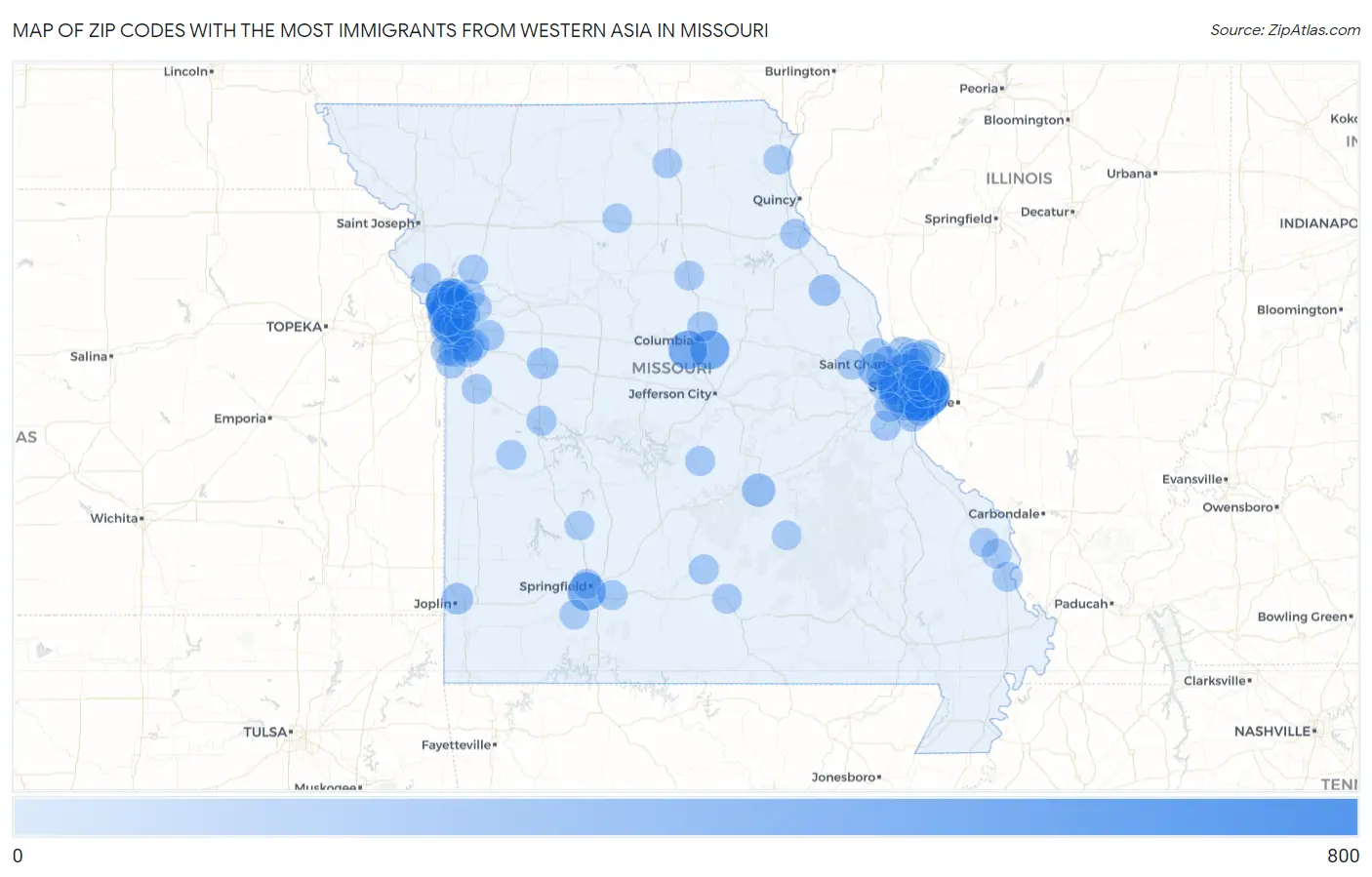 Zip Codes with the Most Immigrants from Western Asia in Missouri Map