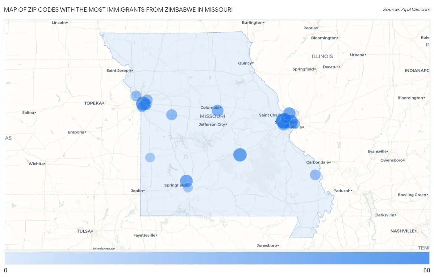Zip Codes with the Most Immigrants from Zimbabwe in Missouri Map