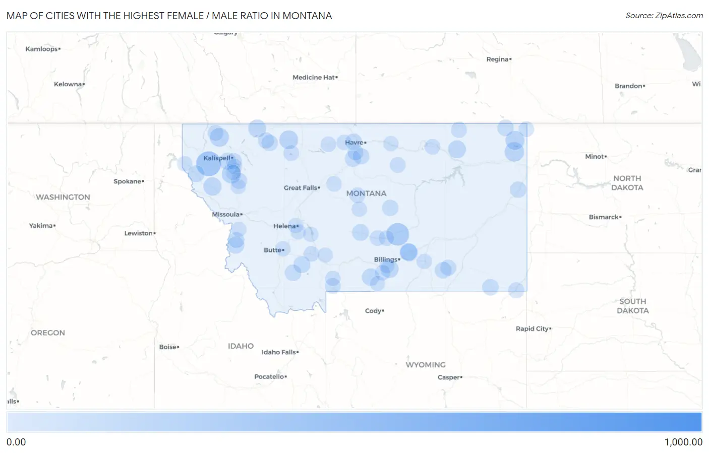 Cities with the Highest Female / Male Ratio in Montana Map