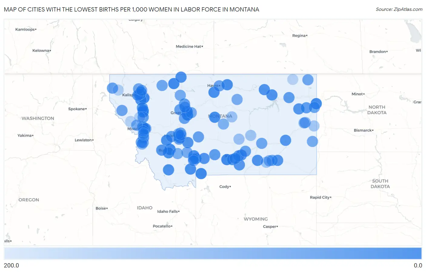 Cities with the Lowest Births per 1,000 Women in Labor Force in Montana Map