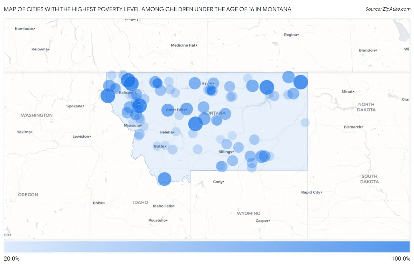Cities with the Highest Poverty Level Among Children Under the Age of 16 in Montana Map