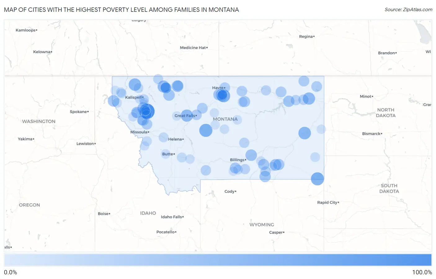 Cities with the Highest Poverty Level Among Families in Montana Map