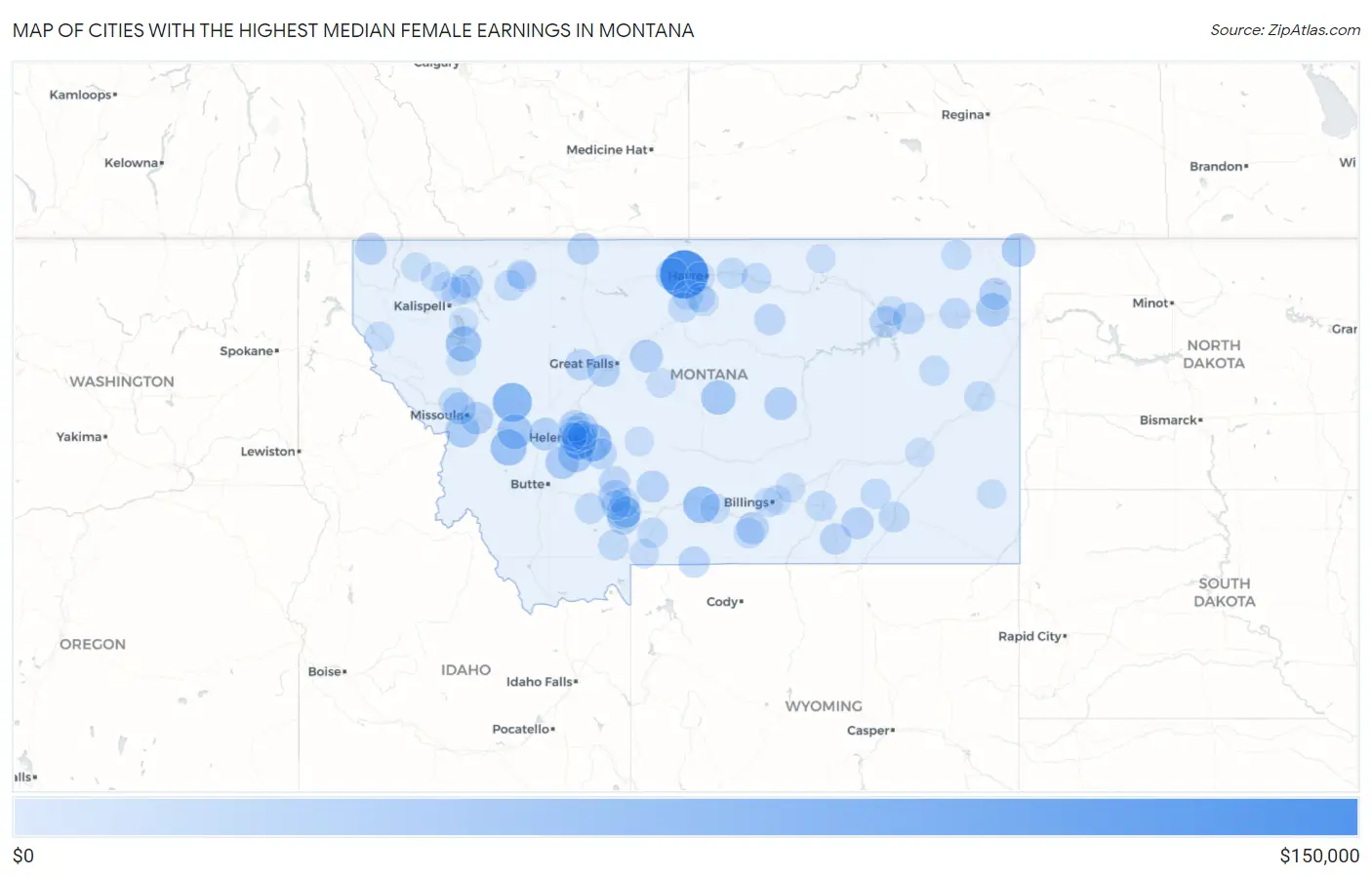 Cities with the Highest Median Female Earnings in Montana Map