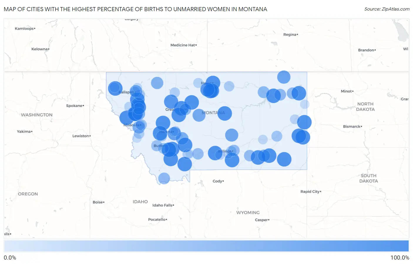 Cities with the Highest Percentage of Births to Unmarried Women in Montana Map