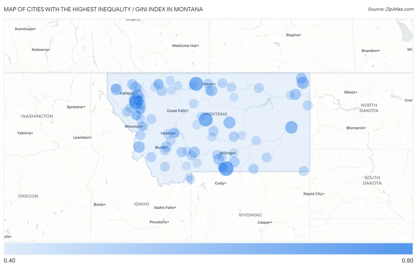 Cities with the Highest Inequality / Gini Index in Montana Map