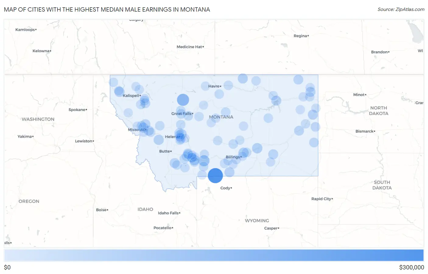 Cities with the Highest Median Male Earnings in Montana Map