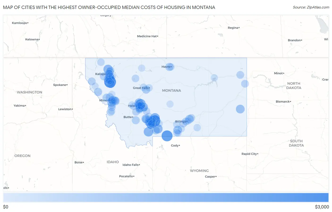 Cities with the Highest Owner-Occupied Median Costs of Housing in Montana Map