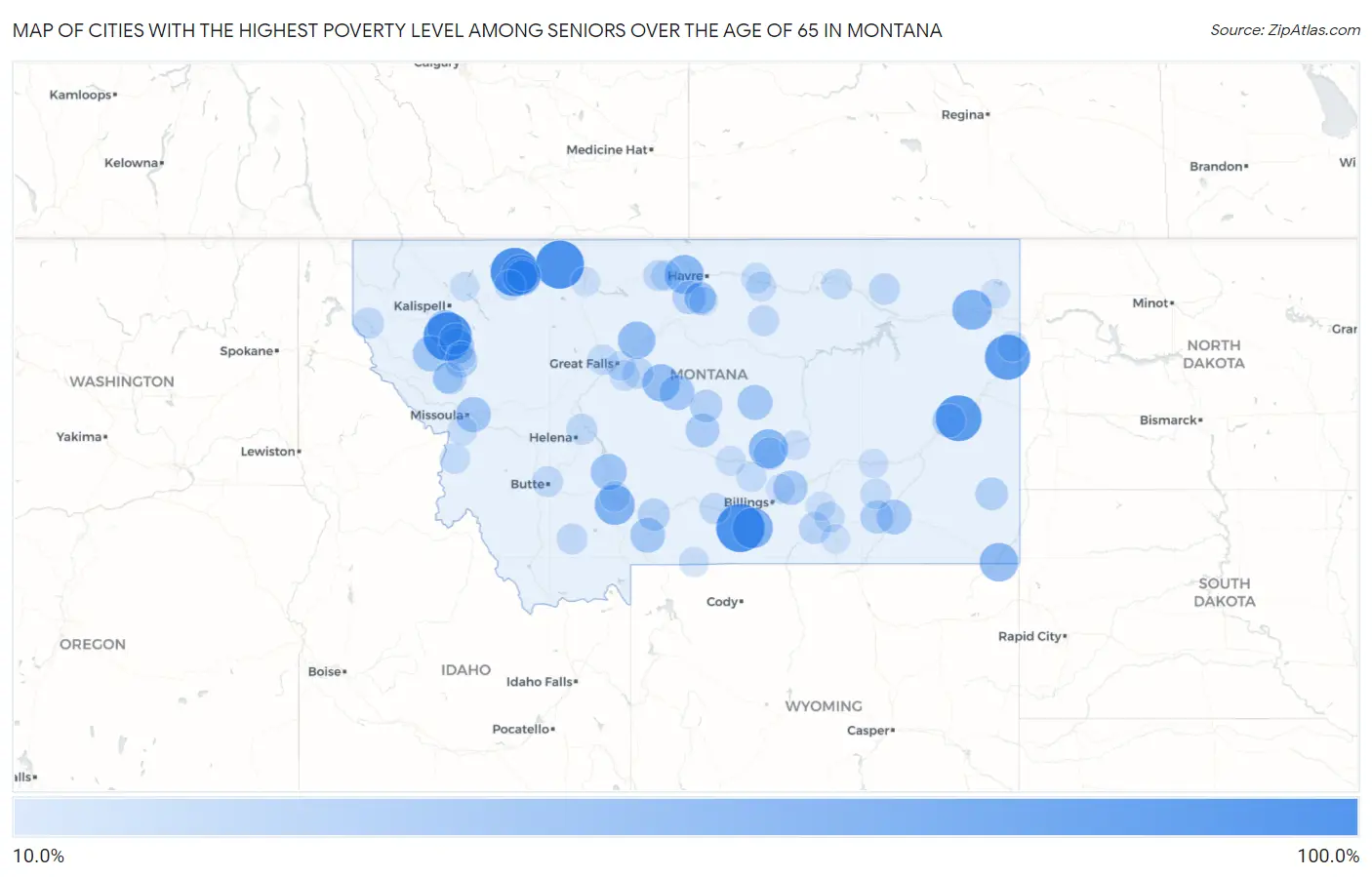 Cities with the Highest Poverty Level Among Seniors Over the Age of 65 in Montana Map