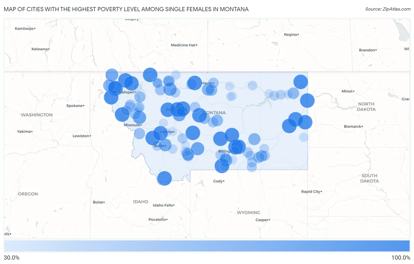 Cities with the Highest Poverty Level Among Single Females in Montana Map