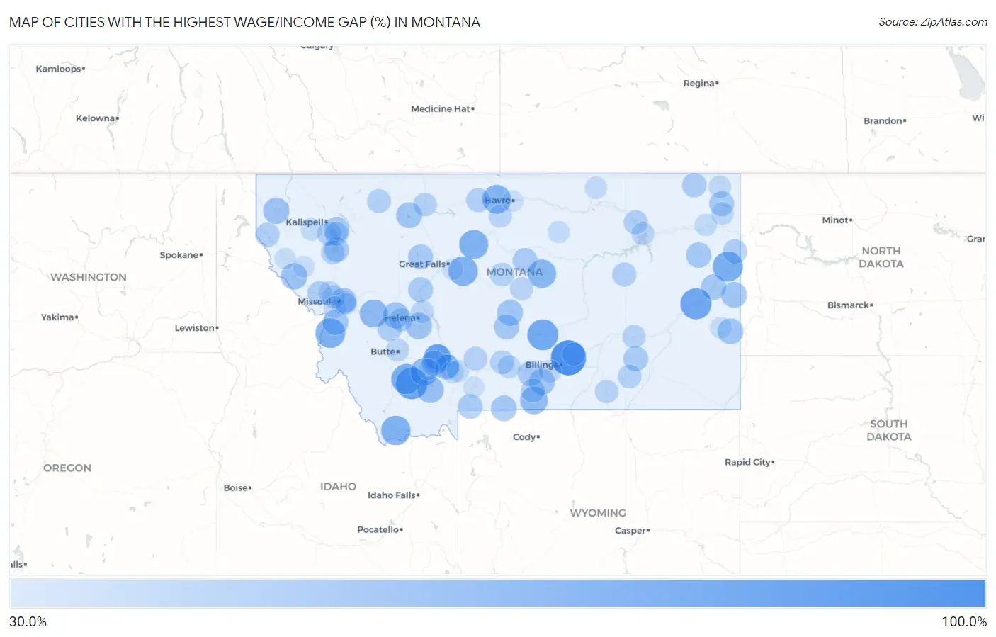 Cities with the Highest Wage/Income Gap (%) in Montana Map