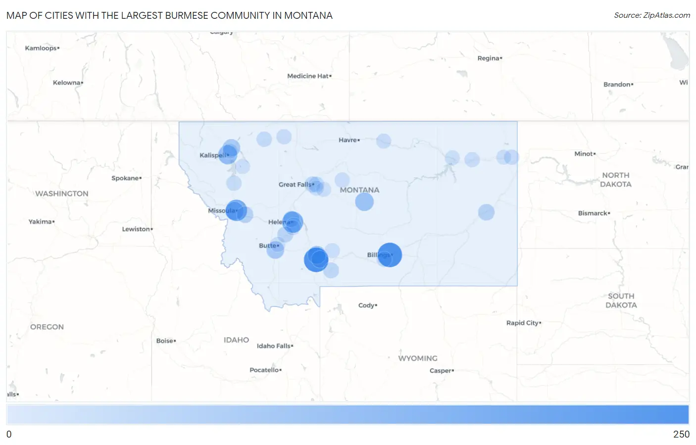 Cities with the Largest Burmese Community in Montana Map