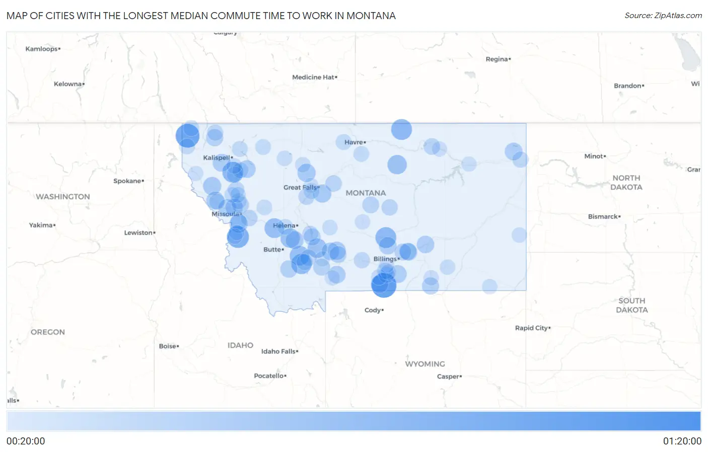 Cities with the Longest Median Commute Time to Work in Montana Map