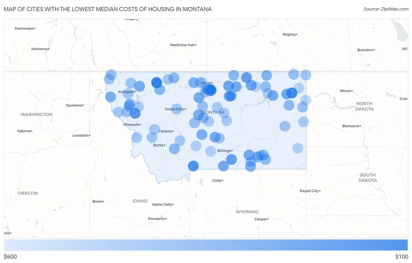Cities with the Lowest Median Costs of Housing in Montana Map