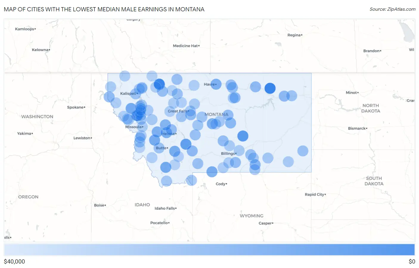 Cities with the Lowest Median Male Earnings in Montana Map