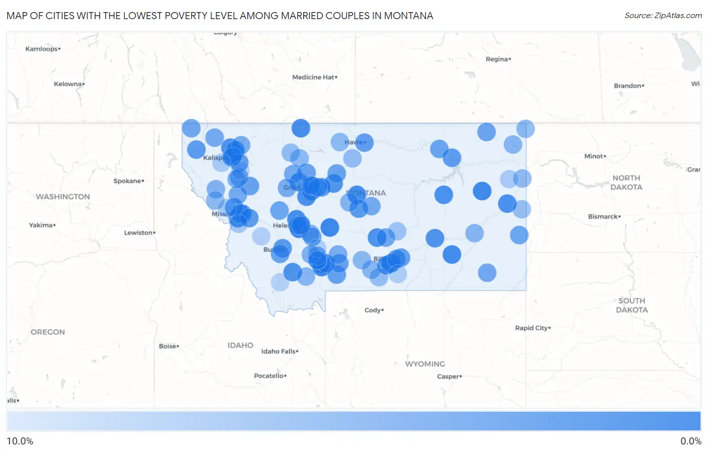 Cities with the Lowest Poverty Level Among Married Couples in Montana Map
