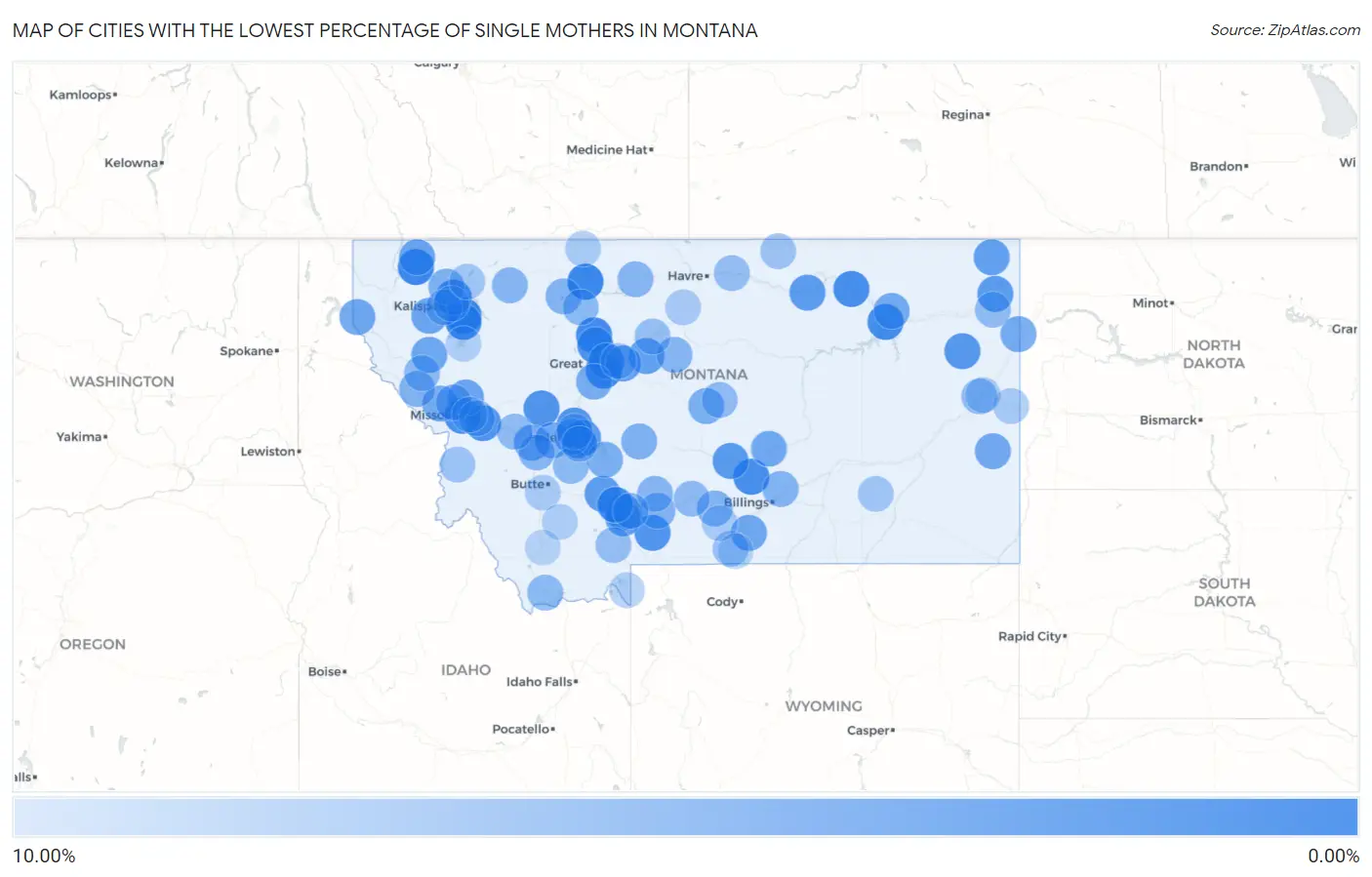 Cities with the Lowest Percentage of Single Mothers in Montana Map