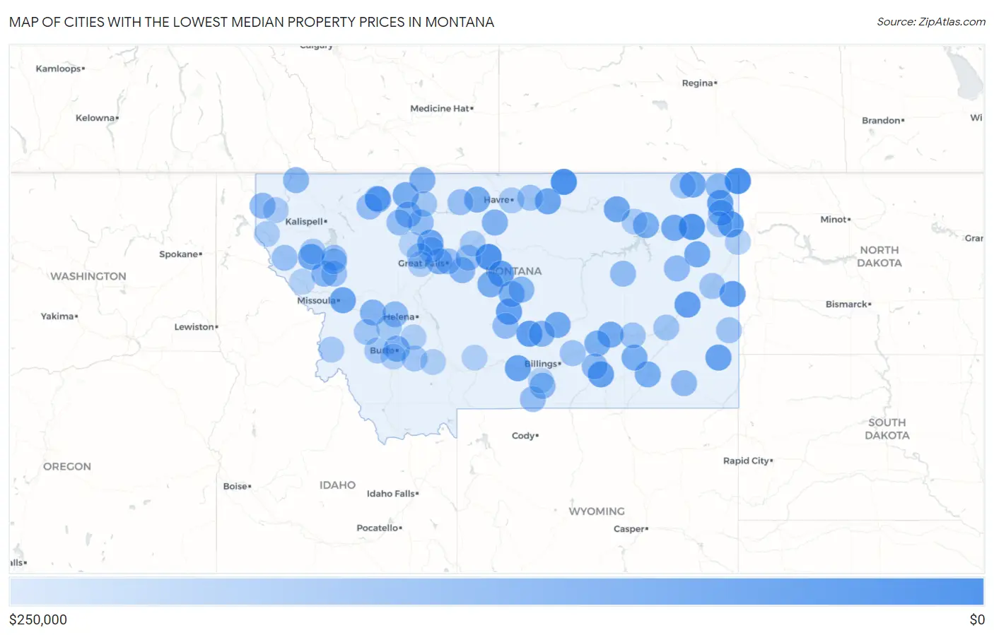 Cities with the Lowest Median Property Prices in Montana Map