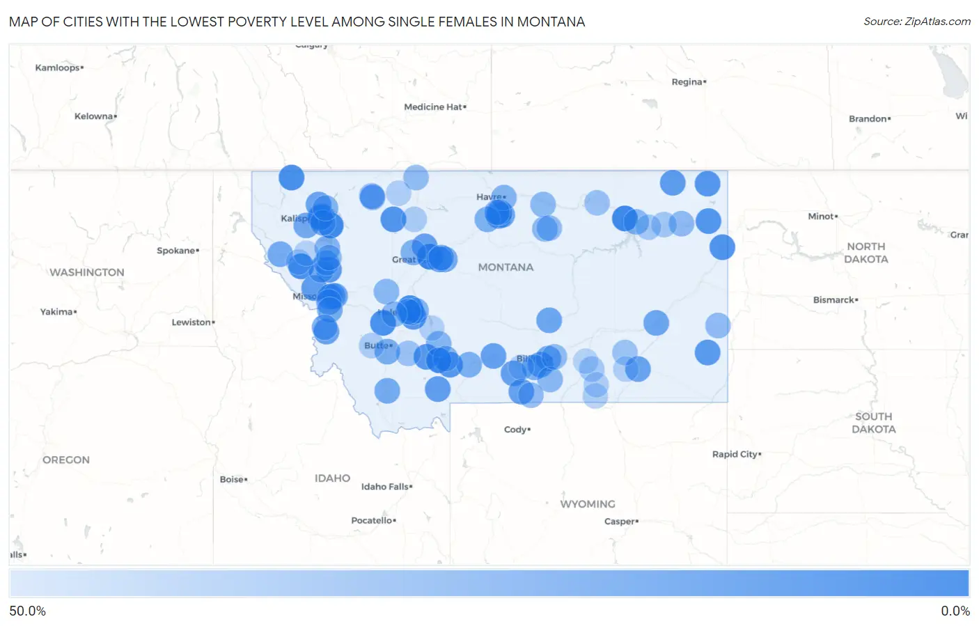 Cities with the Lowest Poverty Level Among Single Females in Montana Map