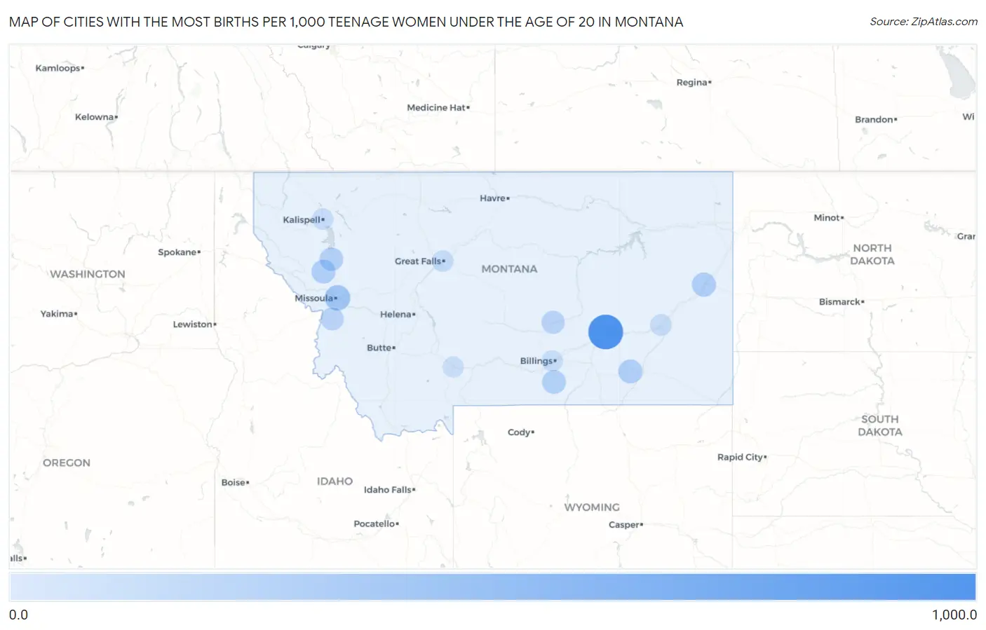 Cities with the Most Births per 1,000 Teenage Women Under the Age of 20 in Montana Map