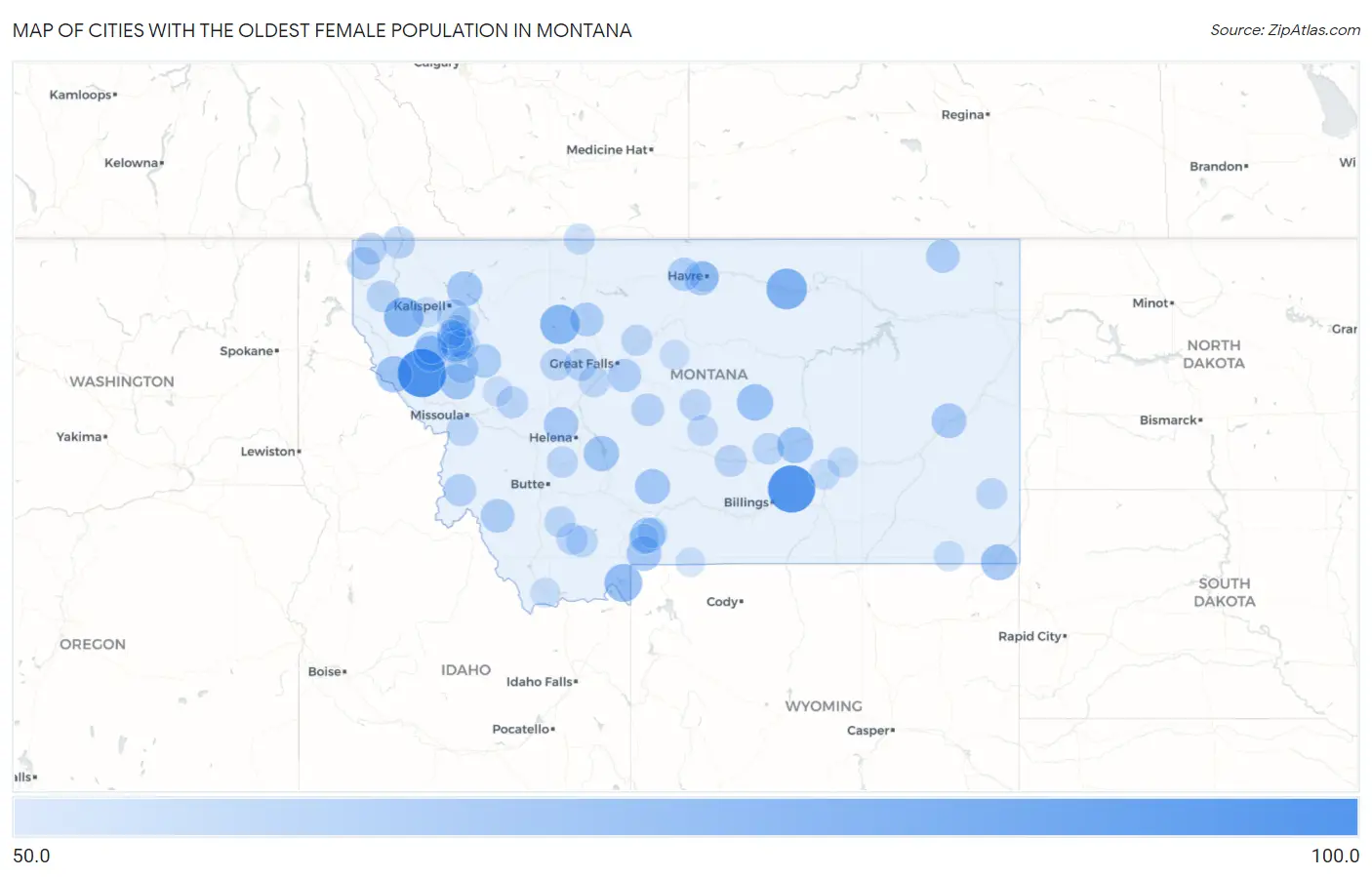 Cities with the Oldest Female Population in Montana Map
