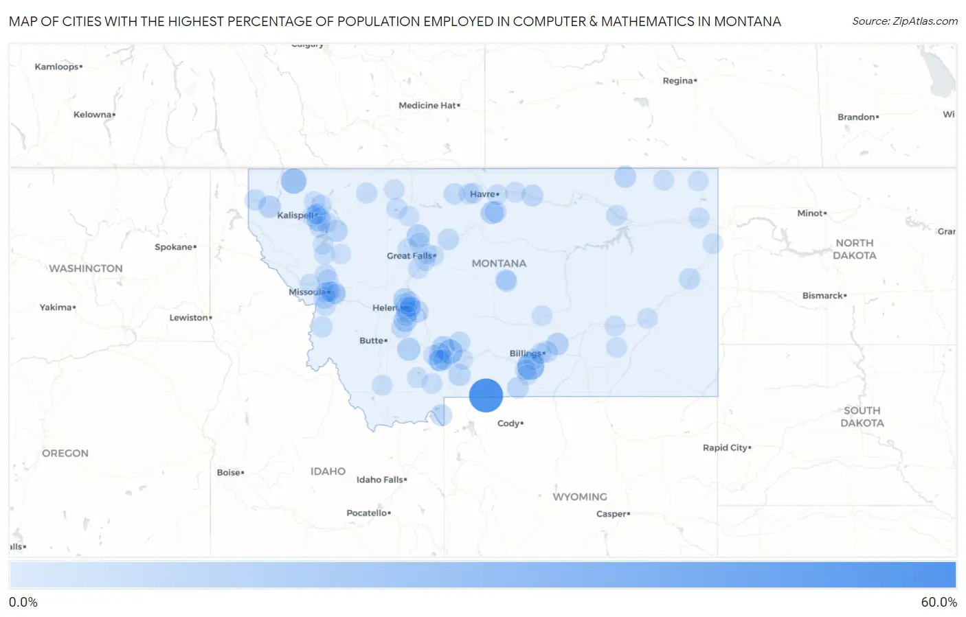 Cities with the Highest Percentage of Population Employed in Computer & Mathematics in Montana Map