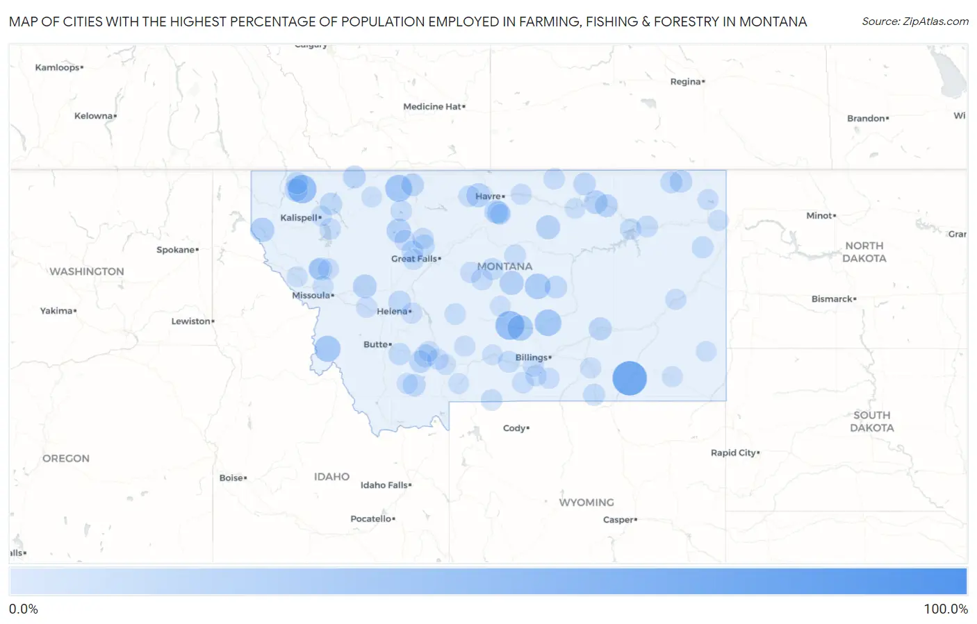 Cities with the Highest Percentage of Population Employed in Farming, Fishing & Forestry in Montana Map