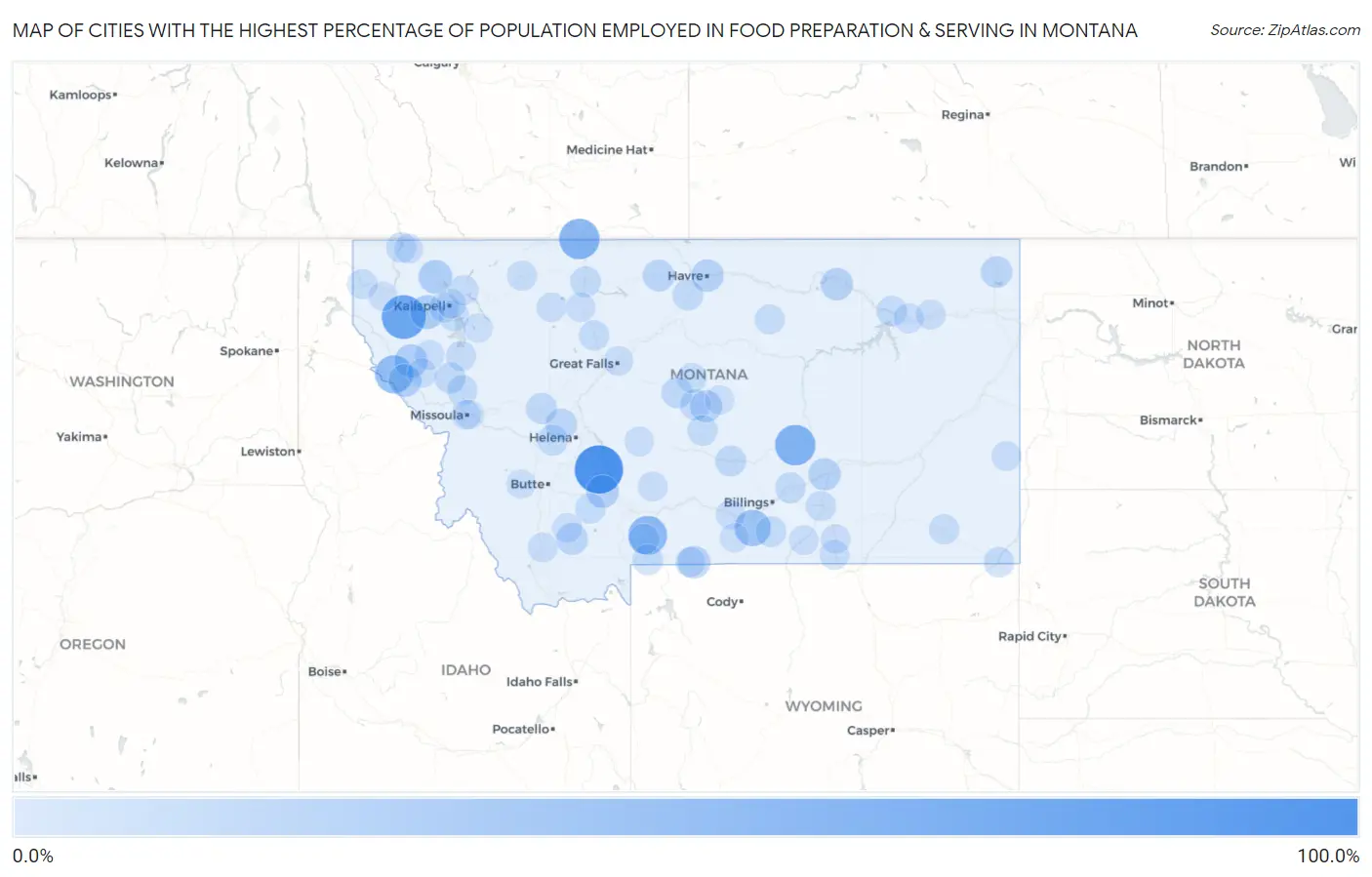 Cities with the Highest Percentage of Population Employed in Food Preparation & Serving in Montana Map