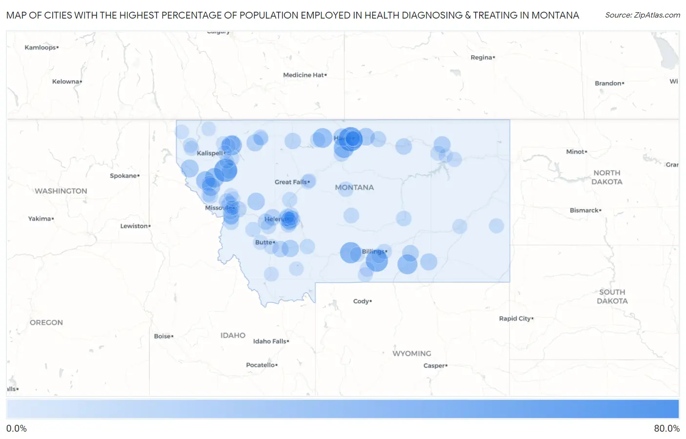 Cities with the Highest Percentage of Population Employed in Health Diagnosing & Treating in Montana Map